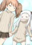  2girls absurdres alternate_costume brown_hair closed_eyes highres holding_hands horns kantai_collection lying multiple_girls northern_ocean_hime pale_skin pleated_skirt ribbed_sweater ryuki_(ryukisukune) ryuujou_(kantai_collection) shinkaisei-kan sketch skirt sleeping smile sweater turtleneck twintails white_hair 