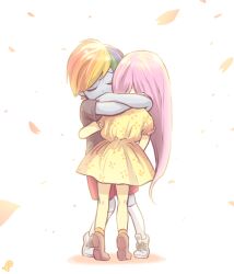  2girls aged_down ankle_socks backlighting bare_arms bare_legs blonde_hair blue_hair blue_skin brown_shoes child closed_eyes colored_skin commentary covered_mouth crossed_arms dress english_commentary fluttershy frilled_dress frilled_sleeves frills from_behind full_body green_hair grey_shirt hair_behind_ear hug kneepits long_hair multicolored_hair multiple_girls my_little_pony my_little_pony:_friendship_is_magic orange_hair orange_petals orange_socks over-kneehighs personification petals pink_hair purple_hair quizia rainbow_dash rainbow_hair red_hair red_shorts shirt shoes short_dress short_hair short_sleeves shorts simple_background socks standing straight_hair streaked_hair t-shirt thigh-highs tiptoes tomboy u_u very_long_hair very_short_hair white_background white_shoes white_thighhighs yellow_dress yellow_skin 