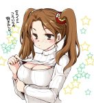  1girl blush breasts brown_eyes brown_hair cleavage_cutout gundam gundam_build_fighters gundam_build_fighters_try open-chest_sweater ribbed_sweater sazaki_kaoruko short_hair solo star starry_background sweater translation_request twintails white_background yoshii_yumi 