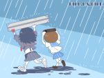  2girls bag black_hair brown_hair case chibi copyright_name getsuyou_bi kill_la_kill mankanshoku_mako matoi_ryuuko multicolored_hair multiple_girls puddle rain redhead running school_bag school_uniform 