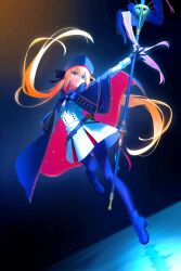 1girl artoria_caster_(fate) artoria_caster_(second_ascension)_(fate) artoria_pendragon_(fate) blonde_hair blue_cape bow bowtie cape commentary fate/grand_order fate_(series) floating full_body gloves green_eyes highres holding holding_staff light_smile long_sleeves omame_korokor outstretched_arm overlighting pantyhose red_cape solo staff star_(sky) twintails 