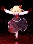  1girl blonde_hair blood blood_splatter bloody_hands bobby_socks bu-n dark_background frilled_skirt frills full_body hair_ribbon highres kannazuki_(devilcode666) long_sleeves looking_at_viewer mary_janes open_mouth outstretched_arms red_eyes ribbon rumia running running_on_blood shirt shoes short_hair skirt smile socks solo splashing spread_arms touhou vest white_shirt 