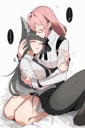  2girls absurdres animal_ears black_hair black_necktie black_pants black_skirt blunt_bangs breasts closed_eyes closed_mouth dailymiyanagi fox_ears fox_girl grabbing_another's_arm heart high-waist_skirt highres hoshimi_miyabi hug jewelry kiss kissing_forehead large_breasts long_hair lullaby multiple_girls necktie pants pencil_skirt pink_hair ring seiza semi-rimless_eyewear shirt sitting skirt sleeping tsukishiro_yanagi wedding_ring white_background white_shirt wife_and_wife yuri zenless_zone_zero 