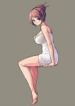  1girl bare_shoulders blue_eyes breasts brown_background brown_hair large_breasts light_smile looking_at_viewer mole saiste short_hair simple_background solo towel 