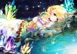  1girl afloat ainili blonde_hair blue_eyes choker detached_sleeves diamond gem hair_ornament jewelry long_hair lying necklace original pointy_ears smile solo 