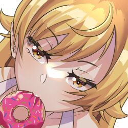  1girl absurdres bakemonogatari bare_shoulders blonde_hair commentary doughnut english_commentary food food_in_mouth highres kyun looking_at_viewer monogatari_(series) oshino_shinobu pointy_ears solo vampire yellow_eyes 