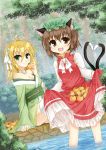  2girls :d animal_ears antenna_hair blonde_hair breasts brown_eyes brown_hair cat_ears cat_tail character_request chen cleavage dress dress_lift fang food fruit green_eyes hair_ribbon in_water irotani_asuka japanese_clothes kimono long_hair looking_at_viewer mob_cap multiple_girls multiple_tails open_mouth ribbon short_hair skirt_basket smile tail touhou wet wet_clothes 