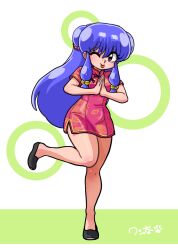  1girl bell black_shoes chinese_clothes commentary_request double_bun dress hair_bell hair_bun hair_ornament long_hair microdress one_eye_closed own_hands_together purple_hair ranma_1/2 red_dress shampoo_(ranma_1/2) shoes sidelocks signature smile standing standing_on_one_leg tongue tongue_out violet_eyes wanta_(futoshi) 