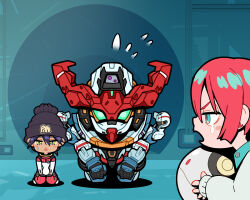  2girls amate_yuzuriha apologizing aqua_eyes azito7 beanie black_hat blush_stickers bodysuit chestnut_mouth chibi chibi_only commentary_request crescent crescent_earrings crying crying_with_eyes_open earrings flying_sweatdrops furrowed_brow gquuuuuux green_eyes gundam gundam_gquuuuuux haro hat holding jewelry long_sleeves mecha mecha_pilot_suit mobile_suit multicolored_bodysuit multiple_girls non-humanoid_robot normal_suit_(gundam) nyaan_(gundam_gquuuuuux) open_mouth pom_pom_(clothes) pom_pom_beanie puffy_long_sleeves puffy_sleeves purple_hair red_bodysuit red_hair robot sd_gundam seiza sitting small_sweatdrop spacesuit sweater tears two-tone_bodysuit v-fin white_bodysuit white_sweater yellow_eyes 