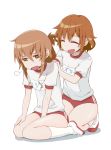  2girls ^_^ breath brown_eyes brown_hair buruma closed_eyes fang folded_ponytail gym_uniform hair_ornament hairclip hand_on_thigh hands_on_another&#039;s_shoulders highres honky ikazuchi_(kantai_collection) inazuma_(kantai_collection) kantai_collection kneeling multiple_girls open_mouth puffy_short_sleeves puffy_sleeves seiza shoes short_hair short_sleeves simple_background sitting smile sneakers socks sweat white_background 