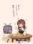  &gt;_&lt; +_+ :&lt; akagi_(kantai_collection) antennae arms_up blush_stickers box brown_eyes brown_hair cameo croquette dish drooling food highres imu_sanjo japanese_clothes kantai_collection long_hair mikan_box muneate naka_(kantai_collection) no_nose open_mouth rice seiza signature sitting solo sparkle symbol-shaped_pupils table tatami television translation_request triangle_mouth zabuton 