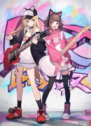  2girls :d animal_ears baseball_cap black_hat black_jacket black_shoes black_socks black_thighhighs blonde_hair brown_hair cat_ears cat_girl cat_tail chunithm commentary_request copyright_notice dog_ears dog_girl dog_tail full_body graffiti grin guitar hat headphones highres holding holding_guitar holding_instrument holding_plectrum hood hood_down hoodie instrument jacket kmnz lita_(kmnz) liz_(kmnz) long_hair long_sleeves miniskirt multiple_girls music official_art open_clothes open_jacket open_mouth pink_eyes pink_hoodie playing_instrument pleated_skirt plectrum puffy_long_sleeves puffy_sleeves red_shoes shoes shugao skirt smile sneakers socks standing tail thigh-highs violet_eyes virtual_youtuber white_hoodie white_skirt 