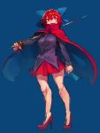  1girl bangs blouse blue_background bow cape covered_mouth full_body hair_bow high_collar high_heels highres holding holding_sword impaled long_sleeves no_pupils rapier red_eyes red_shoes red_skirt redhead sekibanki shirt shoes short_hair skirt solo standing sword temmasa22 touhou weapon 
