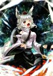  1girl animal_ears bare_shoulders blush breasts bridal_gauntlets detached_sleeves fang hat inubashiri_momiji large_breasts one_eye_closed open_mouth pom_pom_(clothes) red_eyes shield short_hair silver_hair solo sword tail tokin_hat touhou umigarasu_(kitsune1963) weapon wolf_ears wolf_tail 