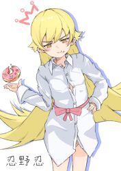  1girl belt_ribbon blonde_hair blush_stickers bow button_gap closed_mouth commentary_request cowboy_shot drawn_crown dress_shirt drop_shadow flat_chest flipped_hair food food_bite food_in_mouth food_on_face hair_between_eyes hair_flaps hand_on_own_hip hand_up hatching_(texture) linear_hatching long_hair long_sleeves looking_at_viewer monogatari_(series) no_pants object_floating_above_hand oshino_shinobu pink_donut red_bow red_ribbon ribbon ringed_eyes shirt sidelocks simple_background smile solo v-shaped_eyebrows very_long_hair white_background white_shirt yakikuri01 yellow_eyes 