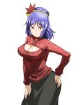  &gt;:) 1girl alternate_costume black_skirt blue_hair breasts cleavage_cutout highres iwatobi_hiro light_smile looking_at_viewer open-chest_sweater red_eyes ribbed_sweater short_hair simple_background skirt solo sweater touhou turtleneck white_background yasaka_kanako 