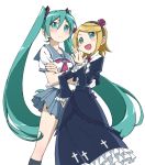  2girls amahara_hiroaki aqua_eyes aqua_hair blonde_hair blush cross crossed_arms dress fang frown gokou_ruri gokou_ruri_(cosplay) hair_ornament hairband hairclip hand_on_hip hatsune_miku kagamine_rin kneehighs kousaka_kirino kousaka_kirino_(cosplay) long_hair multiple_girls ojou-sama_pose open_mouth ore_no_imouto_ga_konna_ni_kawaii_wake_ga_nai parody school_uniform serafuku short_hair simple_background skirt style_parody twintails very_long_hair vocaloid white_background 