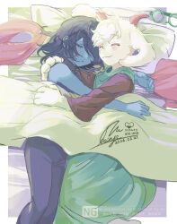  1boy 1other androgynous animal_ears black_bow black_hair blue_skin blush bow closed_eyes closed_mouth colored_skin commentary_request dated deltarune fangs furry furry_male furry_with_non-furry glasses green-framed_eyewear horns hug interspecies kaimya1118 kris_(dark_world)_(deltarune) kris_(deltarune) long_sleeves lying on_side parted_lips ralsei round_eyewear short_hair skin_fangs smile under_covers utdr_(toby_fox) 