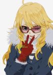  baban_p blonde_hair blue_eyes coat fur gloves goggles hoshii_miki idolmaster one_eye_closed v 