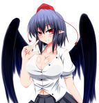  1girl bird_wings black_hair blush breasts cleavage hat highres large_breasts miniskirt naughty_face navel parmiria pointing pointing_at_self pointy_ears red_eyes see-through shameimaru_aya short_hair skirt smirk solo tokin_hat touhou tsurime undersized_clothes wings 
