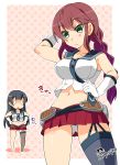  2girls :&lt; agano_(kantai_collection) black_hair braid brown_hair gloves green_eyes highres imu_sanjo kantai_collection long_hair multiple_girls navel noshiro_(kantai_collection) panties pantyshot pantyshot_(standing) pleated_skirt single_braid skirt standing translation_request underwear white_gloves 