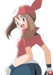  1girl :d ass bandana bike_shorts blue_eyes brown_hair from_behind gloves hainchu haruka_(pokemon) holding holding_poke_ball looking_at_viewer looking_back open_mouth poke_ball pokemon pokemon_(game) pokemon_rse smile solo two_side_up white_background 