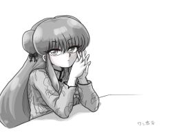  1girl black_ribbon chinese_clothes commentary_request double_bun floral_print greyscale hair_bun hair_ribbon long_hair looking_at_viewer monochrome ranma_1/2 ribbon shampoo_(ranma_1/2) sidelocks signature simple_background wanta_(futoshi) white_background 