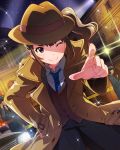  &gt;;) ;) brown_hair hat idolmaster idolmaster_million_live! looking_at_viewer necktie official_art one_eye_closed pointing police police_car side_ponytail smile trench_coat violet_eyes yokoyama_nao 
