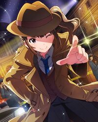  &gt;;) ;) brown_hair hat idolmaster idolmaster_million_live! looking_at_viewer necktie official_art one_eye_closed pointing police police_car side_ponytail smile trench_coat violet_eyes yokoyama_nao 