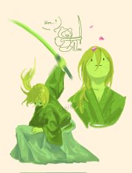  1boy adventure_time closed_mouth dress fern_(adventure_time) grass_sword_(adventure_time) green_dress green_hair highres holding holding_sword holding_weapon japanese_clothes long_hair luei_qng monster_boy petals plant plant_boy plant_hair samurai sword weapon 