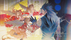  1boy 1girl absurdres aerith_gainsborough aerith_gainsborough_(red_dress) angel_wings arm_ribbon bare_shoulders black_gloves black_hair blood blood_on_arm blue_eyes boots braid braided_ponytail brown_boots brown_hair church commentary cross_scar dated dress earrings feathered_wings final_fantasy final_fantasy_vii final_fantasy_vii_remake flower from_behind gloves green_eyes hair_ribbon halo highres jacket jewelry long_hair multiple_views official_alternate_costume parted_lips pink_dress pink_ribbon ppiinnee24 red_dress red_jacket red_ribbon ribbon scar scar_on_cheek scar_on_face signature sleeveless spiky_hair stud_earrings upper_body white_dress white_wings wings yellow_flower zack_fair 