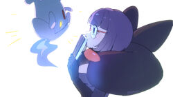  1girl blunt_bangs bob_cut book bow breasts commentary elbow_gloves fire glasses gloves highres holding holding_book large_bow litwick low_neckline medium_breasts neck_pillow pokemon pokemon_(creature) pokemon_bw ppoppy purple_fire purple_hair rimless_eyewear round_eyewear shauntal_(pokemon) short_hair violet_eyes 