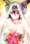  1girl bare_shoulders black_hair blush bouquet breasts bridal_veil choker cleavage collarbone dress elbow_gloves flower gloves headgear kantai_collection lace large_breasts leaf long_hair looking_at_viewer nagato_(kantai_collection) open_mouth pink_rose red_eyes rose solo strapless_dress unabara_misumi veil wedding_dress white_dress white_gloves 