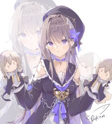  1boy 2girls absurdres artist_name breasts caelus_(honkai:_star_rail) choker clothing_cutout collar dokomdokom dress flower gloves gold_lock grey_hair hair_flower hair_ornament hands_up hat herta_(honkai:_star_rail) highres honkai:_star_rail honkai_(series) jewelry key key_necklace lapels looking_at_viewer medium_breasts multiple_girls necklace open_mouth purple_choker purple_collar purple_dress purple_flower purple_hat shoulder_cutout signature simple_background stelle_(honkai:_star_rail) trailblazer_(honkai:_star_rail) upper_body violet_eyes white_background zoom_layer 