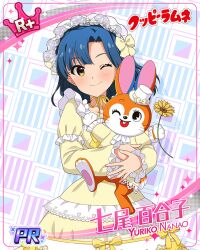 blue_hair blush character_name dress idolmaster_million_live!_theater_days nanao_yuriko short_hair smile wink yellow_eyes