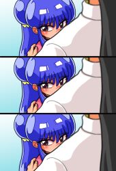  1boy 1girl black_hair blue_background blush bow commentary_request double_bun hair_bow hair_bun hand_on_another's_shoulder long_hair mousse_(ranma_1/2) purple_hair ranma_1/2 shampoo_(ranma_1/2) sidelocks wanta_(futoshi) yellow_bow 