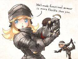  2girls armor bevor blonde_hair blue_eyes brown_gloves commentary ebenholz_(ironlily) english_commentary english_text flexible gauntlets gloves ironlily long_hair multiple_girls original perlweiss_(ironlily) pink_eyes pink_hair plate_armor sallet 
