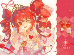 1girl birthday blush crown dress drill_hair earrings english_text engrish_text fine_(futagohime) four-finger_heart_hands frilled_dress frills fushigiboshi_no_futago_hime happy_birthday heart heart_hands highres jewelry juliet_sleeves long_sleeves niukou_kouzi one_eye_closed open_mouth portrait puffy_sleeves ranguage red_eyes red_hair ribbon star_(symbol) star_earrings twin_drills 