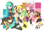  3girls all_fours aqua_eyes aqua_hair belt blonde_hair blue_eyes blush boots bvj character_doll cosplay costume_switch cross-laced_footwear detached_sleeves green_eyes hair_ribbon hatsune_miku hatsune_miku_(cosplay) headphones headset highres kagamine_len kagamine_rin kagamine_rin_(cosplay) knee_boots lace-up_boots leg_warmers long_hair megurine_luka megurine_luka_(cosplay) multiple_girls necktie one_eye_closed open_mouth pink_hair ribbon sailor_collar short_twintails sitting skirt smile spring_onion tattoo thigh-highs thigh_boots twintails v very_long_hair vocaloid wariza wavy_mouth 