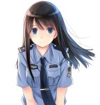  1girl allenes black_hair blue_eyes looking_at_viewer necktie original police police_uniform policewoman simple_background smile solo uniform white_background wind 