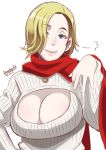  1girl blonde_hair blue_eyes breasts cleavage cleavage_cutout dc_comics eroquis hair_over_one_eye large_breasts lips open-chest_sweater power_girl ribbed_sweater scarf short_hair smile solo sweater white_background 