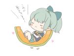  1girl :3 aqua_hair blush_stickers chibi chiyu_(cotoritori) closed_eyes food fruit hair_ribbon hands_on_stomach heart kantai_collection lying melon midriff no_legwear poncho ribbon seed translation_request white_background yuubari_(kantai_collection) 