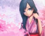  1girl black_hair blue_eyes cherry_blossoms highres japanese_clothes kimono looking_at_viewer maredoro original solo 