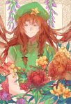  1girl absurdres blooming blurry braid bust chinese_clothes closed_eyes depth_of_field flower green_hat highres hong_meiling long_hair redhead short_sleeves sketch smile solo star sunyuqian touhou twin_braids very_long_hair 