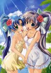  2girls absurdres blue_eyes blue_hair blush breasts cleavage dress flower food fruit green_eyes hair_flower hair_ornament highres komatsu_eiji long_hair multiple_girls palm_tree ponytail purple_hair red_flower sky smile strawberry sundress tree white_dress yellow_dress 