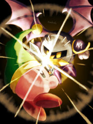  2boys black_background blue_eyes clash closed_mouth commentary_request creature duel green_hat hat holding holding_sword holding_weapon kirby kirby_(series) male_focus mask meta_knight metal_mask multiple_boys no_humans ro2noki smile sword sword_clash weapon wings yellow_eyes 