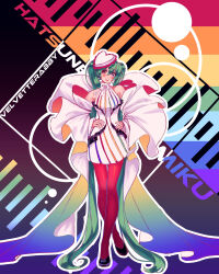  1girl absurdly_long_hair artist_name bare_shoulders black_shoes blue_eyes blush bow bow_choker bowtie character_name choker circle closed_mouth coat commentary crossed_ankles double-parted_bangs dress english_commentary fingernails flag_background frilled_sleeves frills full_body gradient_coat green_hair hair_between_eyes hands_on_own_hips hat hat_tip hatsune_miku head_tilt heart heart-shaped_hat heart_in_eye heterochromia highres knees_together_feet_apart lgbt_pride lips long_hair long_sleeves looking_at_viewer number_tattoo open_clothes open_coat orange_eyes outline pantyhose pencil_dress piano_keys pride_month rainbow_flag red_pantyhose shoes short_dress shoulder_tattoo sleeveless sleeveless_dress smile solo standing striped_clothes striped_dress sweater symbol_in_eye tareme tattoo thigh_gap turtleneck turtleneck_dress turtleneck_sweater twintails two-sided_coat two-sided_fabric velvetterabby vertical-striped_clothes vertical-striped_dress very_long_hair vocaloid white_bow white_bowtie white_choker white_coat white_dress white_hat white_outline wide_sleeves 