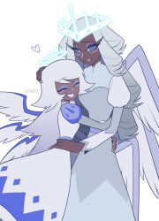  2girls :d ^_^ absurdres angel_wings belt black_eyeshadow black_sclera blue_belt blue_eyeshadow blue_wings breasts closed_eyes colored_sclera commentary_request dark-skinned_female dark_skin diamond_(shape) dress drill_hair drill_sidelocks emily_(hazbin_hotel) eyeshadow feathered_wings feet_out_of_frame fewer_digits flat_color flipped_hair freckles gradient_hair grey_dress grey_hair grey_wings grin halo hand_on_another's_head hand_on_another's_waist hazbin_hotel heart hellaverse highres hug juliet_sleeves long_hair long_sleeves looking_at_another looking_down makeup menma_(enaic31) multicolored_hair multiple_girls nail_polish narrow_waist puffy_short_sleeves puffy_sleeves purple_belt raised_eyebrows sera_(hazbin_hotel) short_sleeves sidelocks signature simple_background single_eyebrow skinny sleeveless sleeveless_dress sleeveless_turtleneck small_breasts smile standing swept_bangs tsurime turtleneck turtleneck_dress two-tone_hair two-tone_wings very_dark_skin very_long_hair white_background white_dress white_eyes white_hair white_halo white_nails white_wings wings 