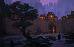  1boy andreas_rocha artist_name boulder brown_jacket building castle commentary dated english_commentary field from_behind gate highres holding holding_sword holding_weapon jacket medieval original outdoors painterly purple_sky rock scabbard scenery sheath sky standing stone_wall sword tower town tree weapon window wooden_door 