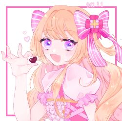  1girl blonde_hair candy chaos_marie_(grimms_notes) chocolate cleavage_cutout clothing_cutout comothishishamo corset dated fingernails food grimms_notes hand_up heart heart-shaped_chocolate heart-shaped_food highres holding holding_chocolate holding_food looking_at_viewer open_mouth pink_eyes protected_link puffy_short_sleeves puffy_sleeves red_corset short_sleeves smile solo 